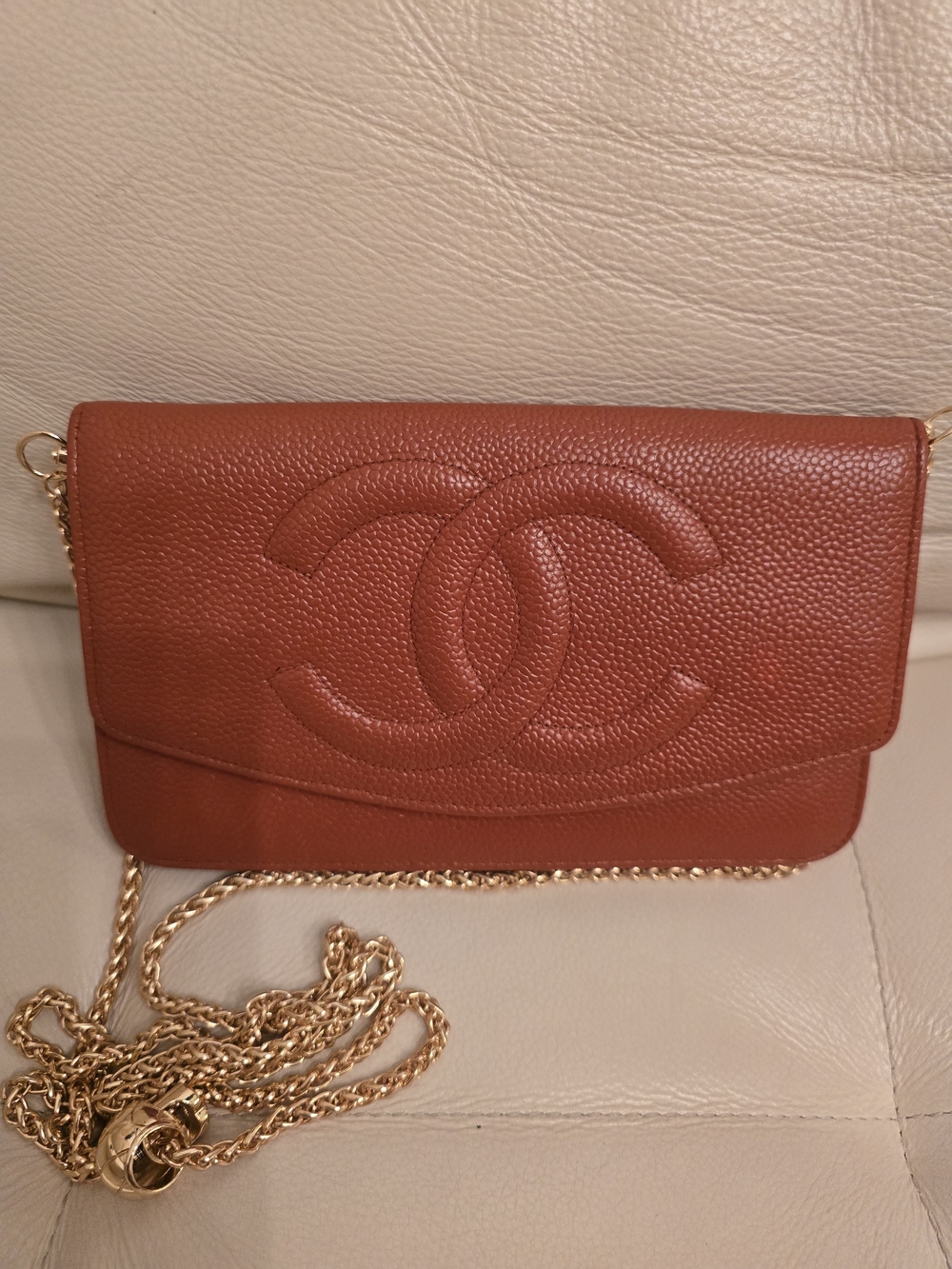💯Authentic Chanel Brick Red Leather Quilted Wallet w/Unbranded Chain